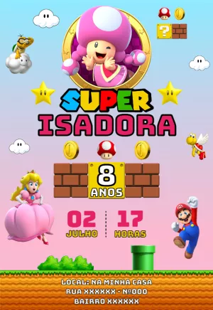 Convite Aniversário Super Mario Rosa com Toadette para Editar
