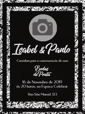 Convite Bodas de Prata com Foto Preto e Prata para Editar