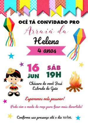 Convite Aniversário Festa Junina Menina Caipira para Editar