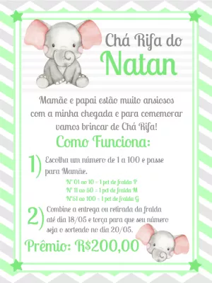 Convite Chá Rifa Elefantinho Verde Editável Online