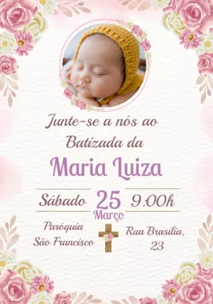 Convite de Batizado Rosa Floral com Foto para Editar Online