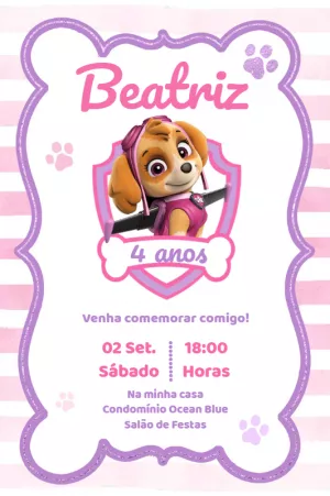 Convite Aniversário Patrulha Canina Rosa para Editar Online