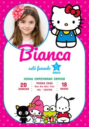 Convite Aniversário Hello Kitty com Foto para Editar Online