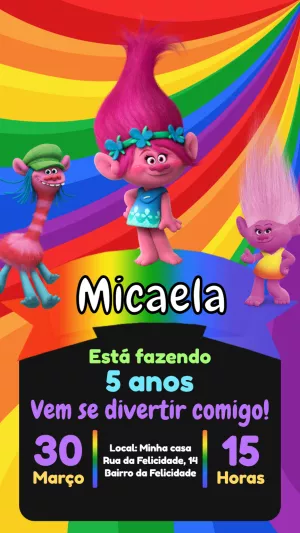 Convite de Aniversário Trolls com Personagens para Editar Online