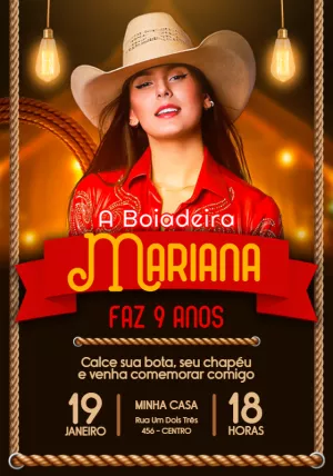 Convite Aniversário Boiadeira com Foto para Editar Online