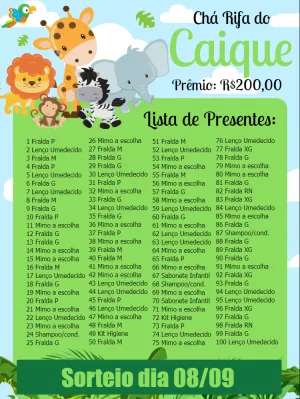 Cartela Chá Rifa Safari com Animais para Editar Online