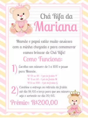 Convite Chá Rifa Ursinha Princesa para Editar Online