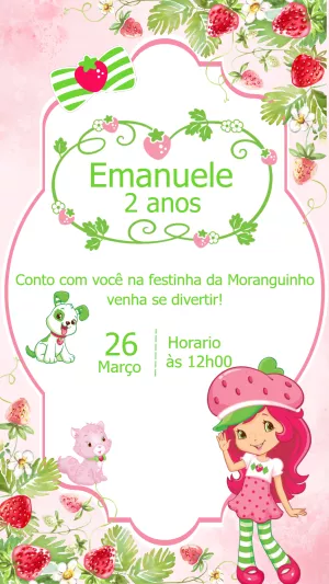 Convite de Aniversário Moranguinho com Personagens para Editar