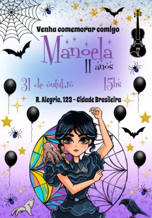 Convite de Aniversário Wandinha Adams Editável Online