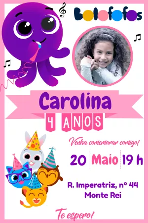 Convite de Aniversário Bolofofos com Foto para Editar Online