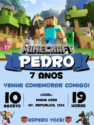 Convite de Aniversário Minecraft com Personagens para Editar