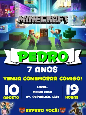Convite de Aniversário Minecraft com Personagens para Editar
