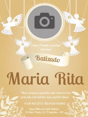 Convite de Batizado com Foto e Anjos para Editar Online