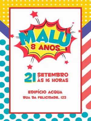 Convite de Aniversário Pop Art Estilo Quadrinhos para Editar