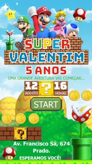 Convite de Aniversário Super Mario com Personagens para Editar