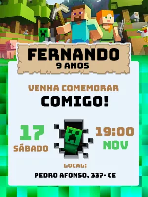 Convite de Aniversário Minecraft com Personagens para Editar