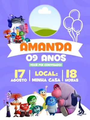 Convite Aniversário Divertida Mente 2 com Foto para Editar