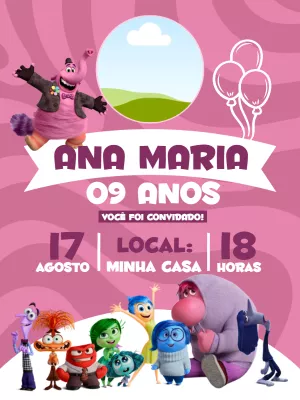 Convite Aniversário Divertida Mente 2 com Foto para Editar