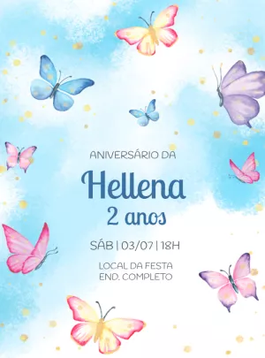 Convite Aniversário Borboletas Aquarela para Editar Online