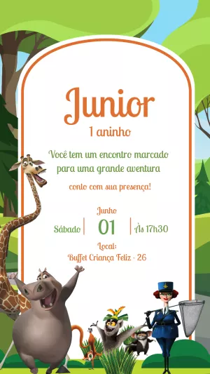 Convite de Aniversário Madagascar com Personagens para Editar