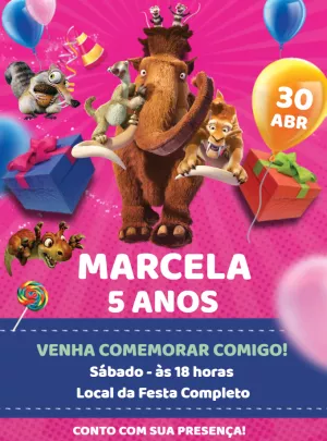 Convite de Aniversário Era do Gelo com Personagens para Editar