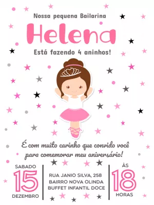 Convite de Aniversário Bailarina Rosa para Editar Online