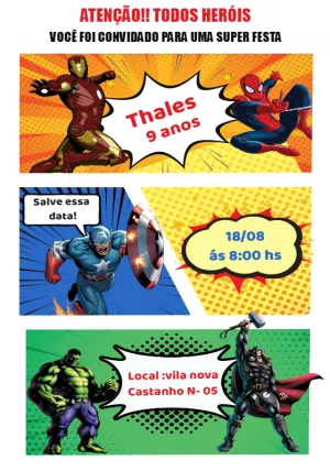 Convite Aniversário Vingadores com Heróis para Editar Online