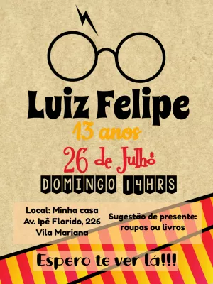 Convite Aniversário Harry Potter com Ícones Mágicos para Editar