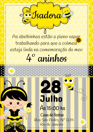 Convite Aniversário Abelhinha Menina para Editar Online