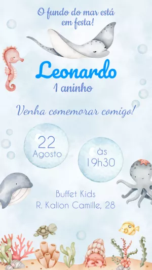 Convite Aniversário Fundo do Mar Aquarela para Editar Online