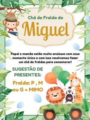 Convite Chá de Fraldas Safari com Animais para Editar Online