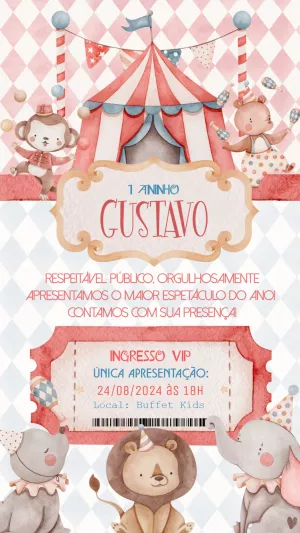 Convite Aniversário Circo Aquarela com Animais para Editar Online
