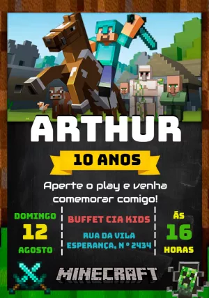 Convite de Aniversário Minecraft com Personagens para Editar