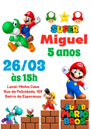 Convite de Aniversário Super Mario Bros Editável Online