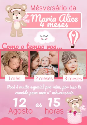Convite Mêsversário Ursinha Baloeira com Foto para Editar