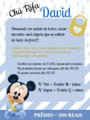 Convite Chá Rifa Mickey Baby para Editar Online