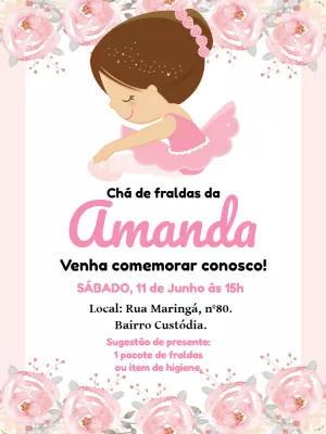 Convite Chá de Fraldas Bailarina Rosa para Editar Online
