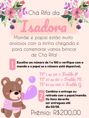 Convite Chá Rifa Ursinha Floral para Editar Online
