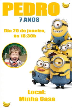 Convite Aniversário Minions com Foto para Editar Online