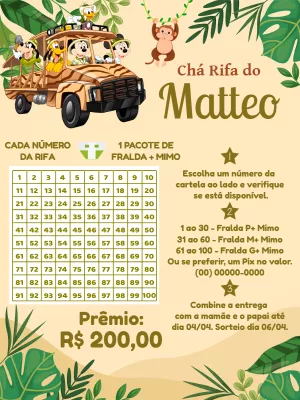 Chá Rifa Mickey Safari: Convite Editável com Tema Selva para Editar