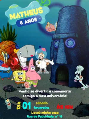 Convite Aniversário Bob Esponja com a Turma para Editar