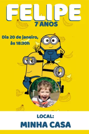 Convite Aniversário Minions com Foto para Editar Online