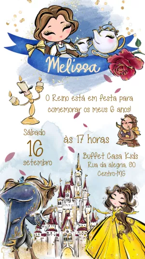 Convite de Aniversário A Bela e a Fera para Editar Online