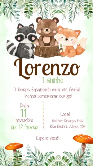 Convite Aniversário Bosque Encantado com Animais para Editar Online