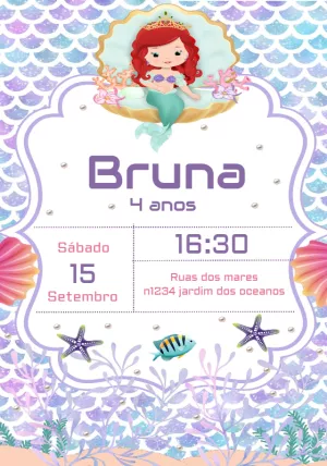 Convite Aniversário Pequena Sereia Fofa para Editar Online