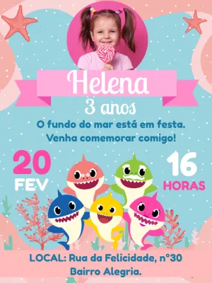 Convite Aniversário Baby Shark com Foto para Editar Online