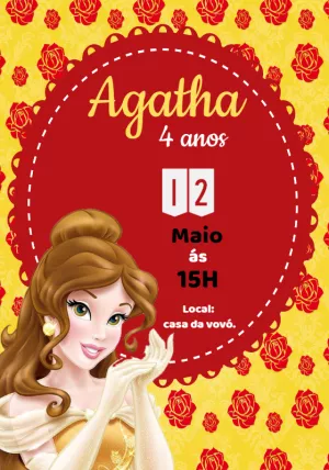 Convite Aniversário Bela e a Fera para Editar Online