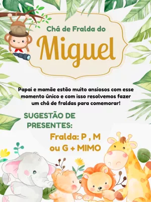 Convite Chá de Fraldas Safari com Animais para Editar Online