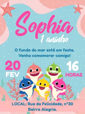 Convite de Aniversário Baby Shark para Editar Online