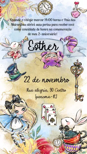 Convite Aniversário Alice no País das Maravilhas para Editar Online